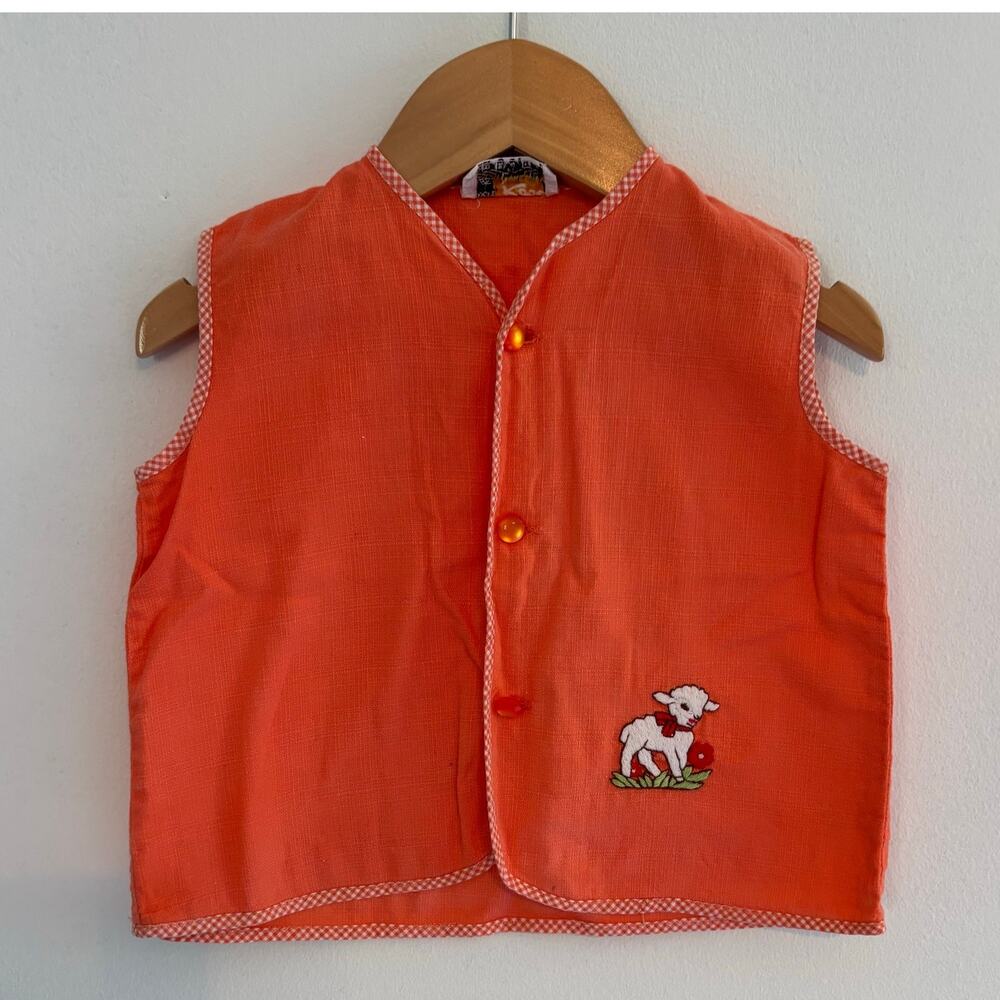 Vintage Child S 5T Blouse Vest Sheep Decal 60s 70s Gingham Picnic Summer Cute